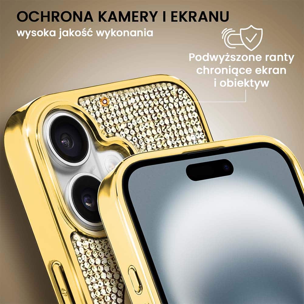 Etui do iPhone 16 Magsafe Tresury Case, diamentowe, z błyszczącą ramką, złote