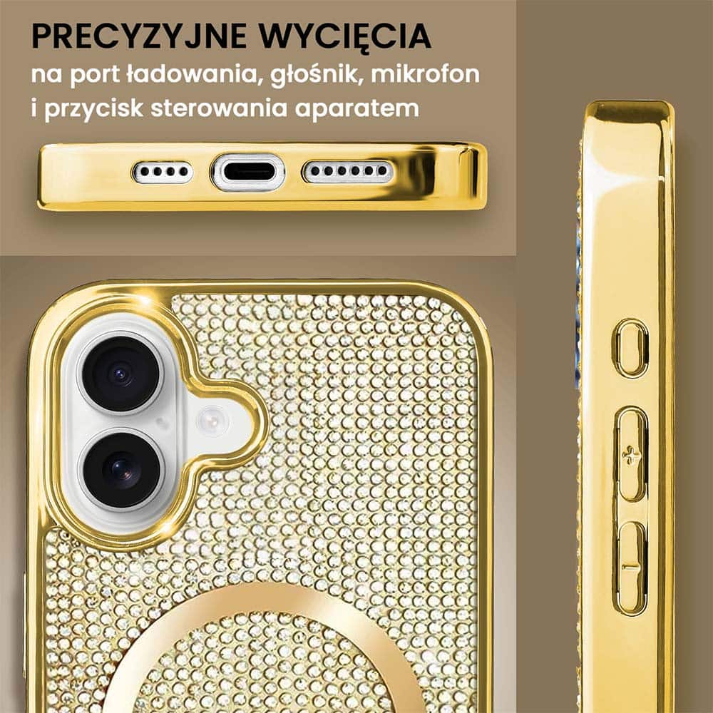 Etui do iPhone 16 Magsafe Tresury Case, diamentowe, z błyszczącą ramką, złote