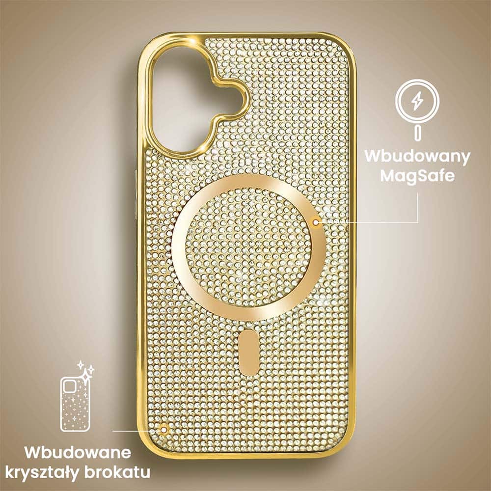 Etui do iPhone 16 Magsafe Tresury Case, diamentowe, z błyszczącą ramką, złote