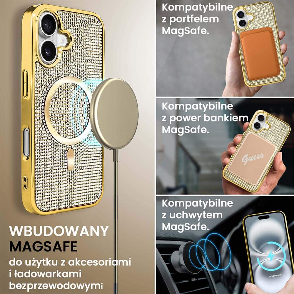 Etui do iPhone 16 Magsafe Tresury Case, diamentowe, z błyszczącą ramką, złote