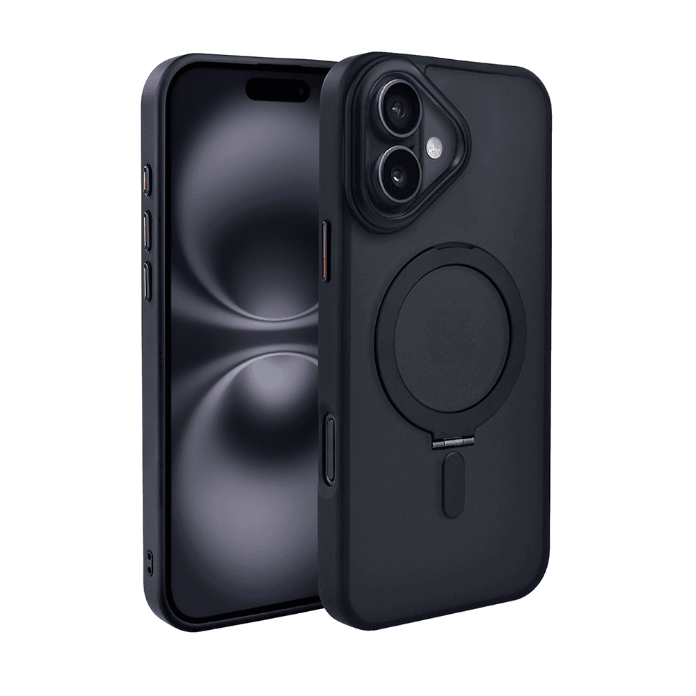 Etui do iPhone 16 Metal Cam MagSafe Stand z podstawką, twarde, półprzeźroczyste, czarne