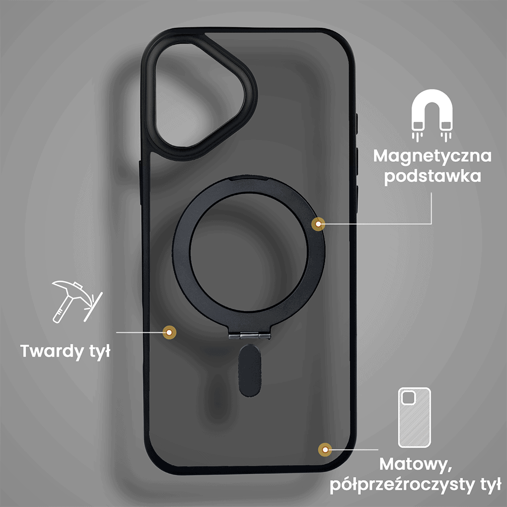 Etui do iPhone 16 Metal Cam MagSafe Stand z podstawką, twarde, półprzeźroczyste, czarne