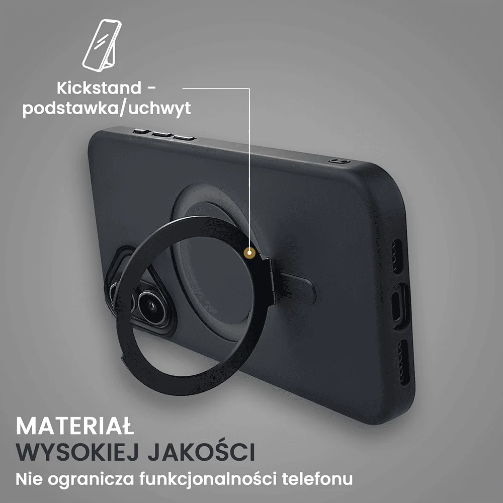 Etui do iPhone 16 Metal Cam MagSafe Stand z podstawką, twarde, półprzeźroczyste, czarne