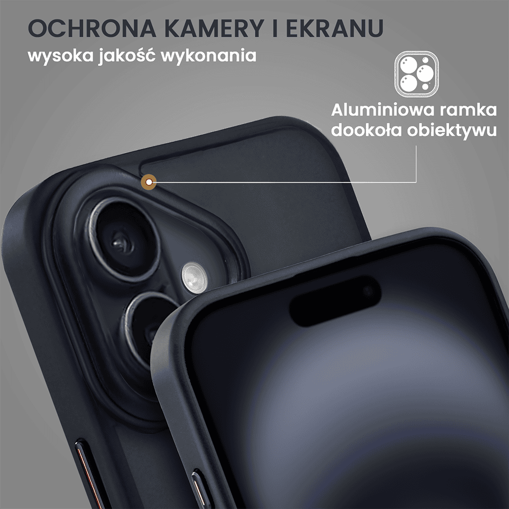 Etui do iPhone 16 Metal Cam MagSafe Stand z podstawką, twarde, półprzeźroczyste, czarne