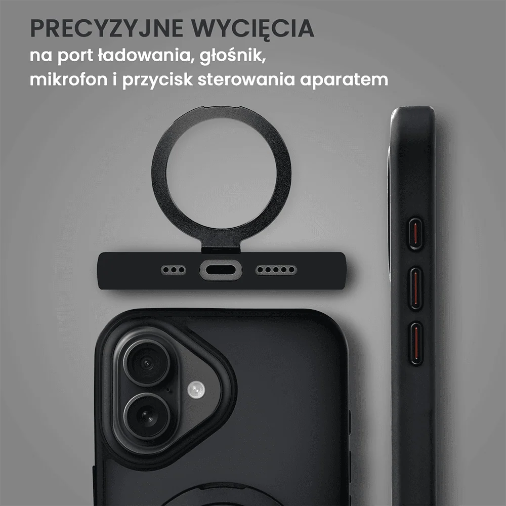 Etui do iPhone 16 Metal Cam MagSafe Stand z podstawką, twarde, półprzeźroczyste, czarne