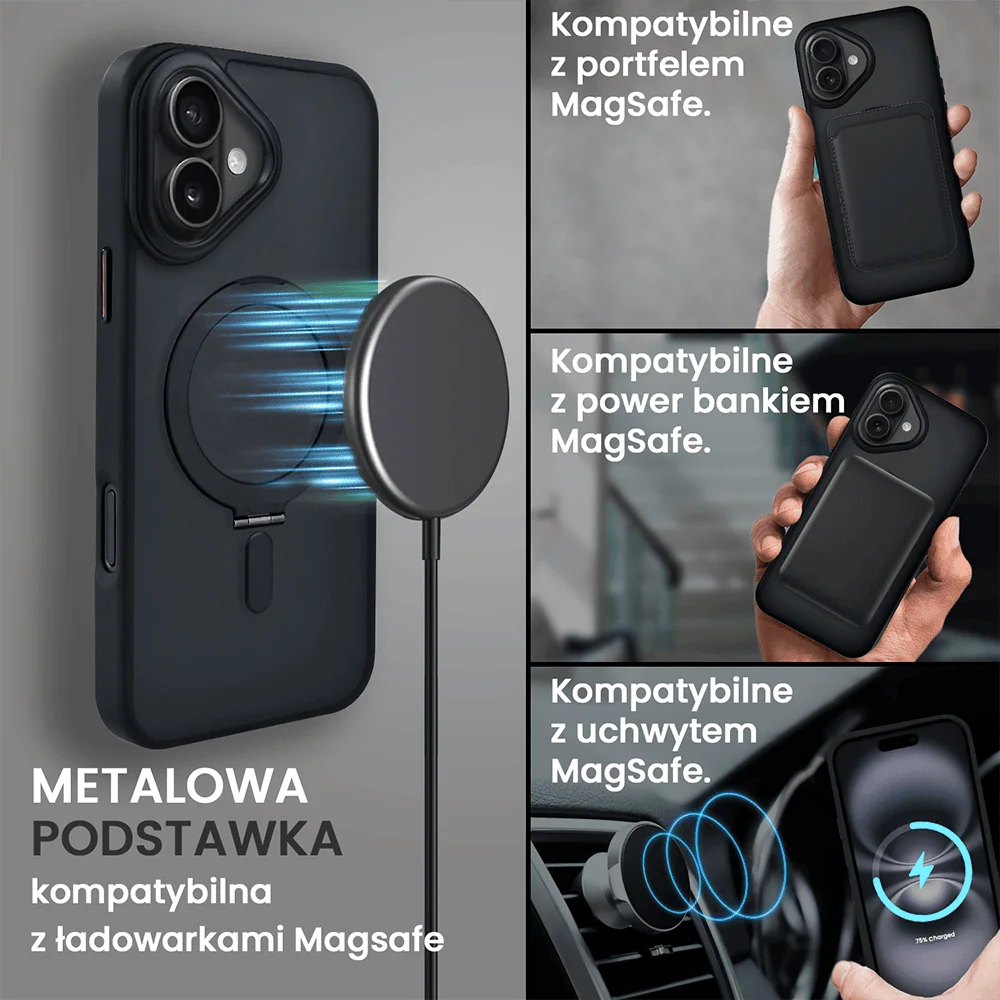 Etui do iPhone 16 Metal Cam MagSafe Stand z podstawką, twarde, półprzeźroczyste, czarne