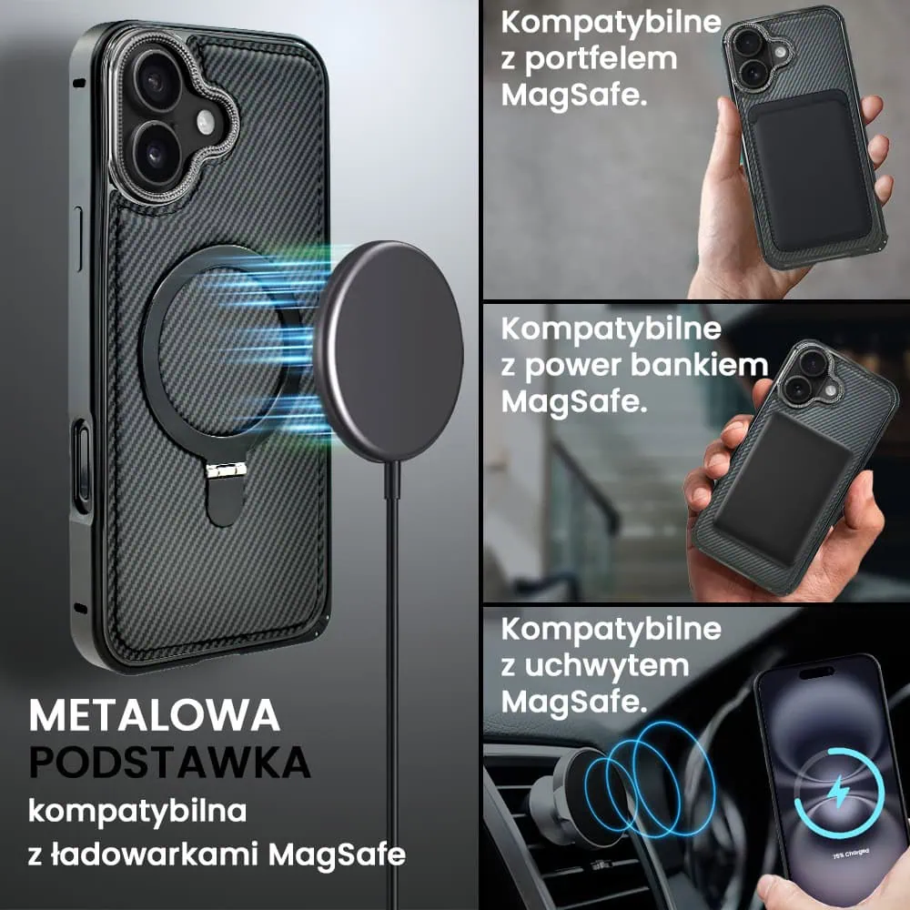 Etui do iPhone 16 Metal Solid Leather Stand z MagSafe, czarne