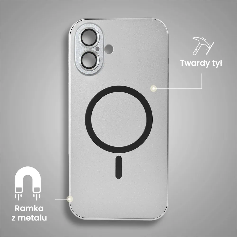 Etui do iPhone 16 Metal Solid Magsafe, pełny tył z metalową ramką i osłoną aparatu, srebrne