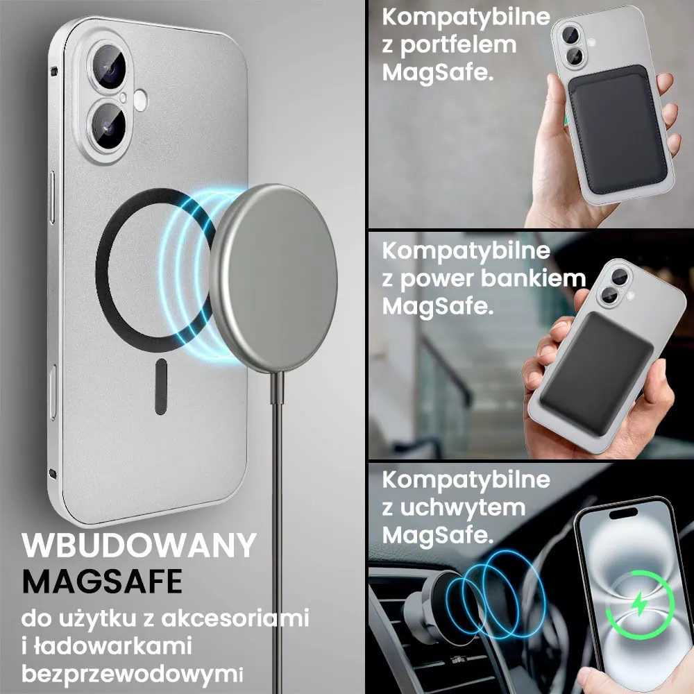 Etui do iPhone 16 Metal Solid Magsafe, pełny tył z metalową ramką i osłoną aparatu, srebrne