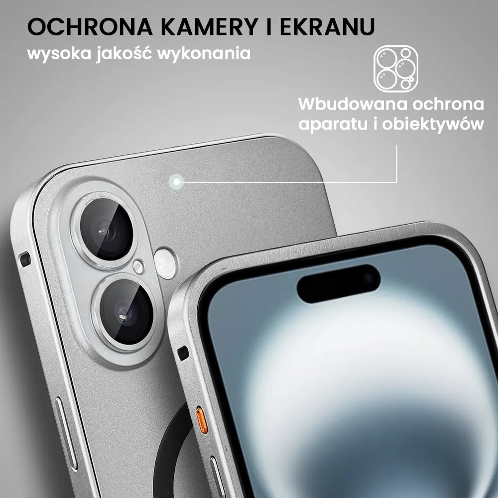 Etui do iPhone 16 Metal Solid Magsafe, pełny tył z metalową ramką i osłoną aparatu, srebrne