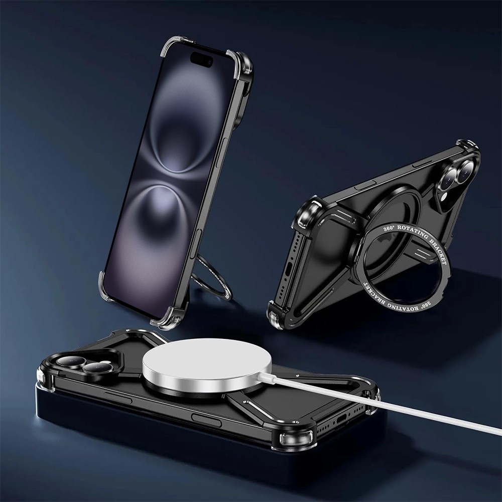 Etui do iPhone 16, Metal X-Shield metalowe, z widocznym logo i podstawką, czarne