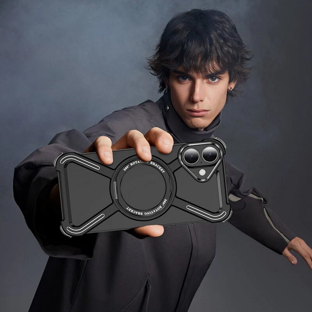 Etui do iPhone 16, Metal X-Shield metalowe, z widocznym logo i podstawką, czarne