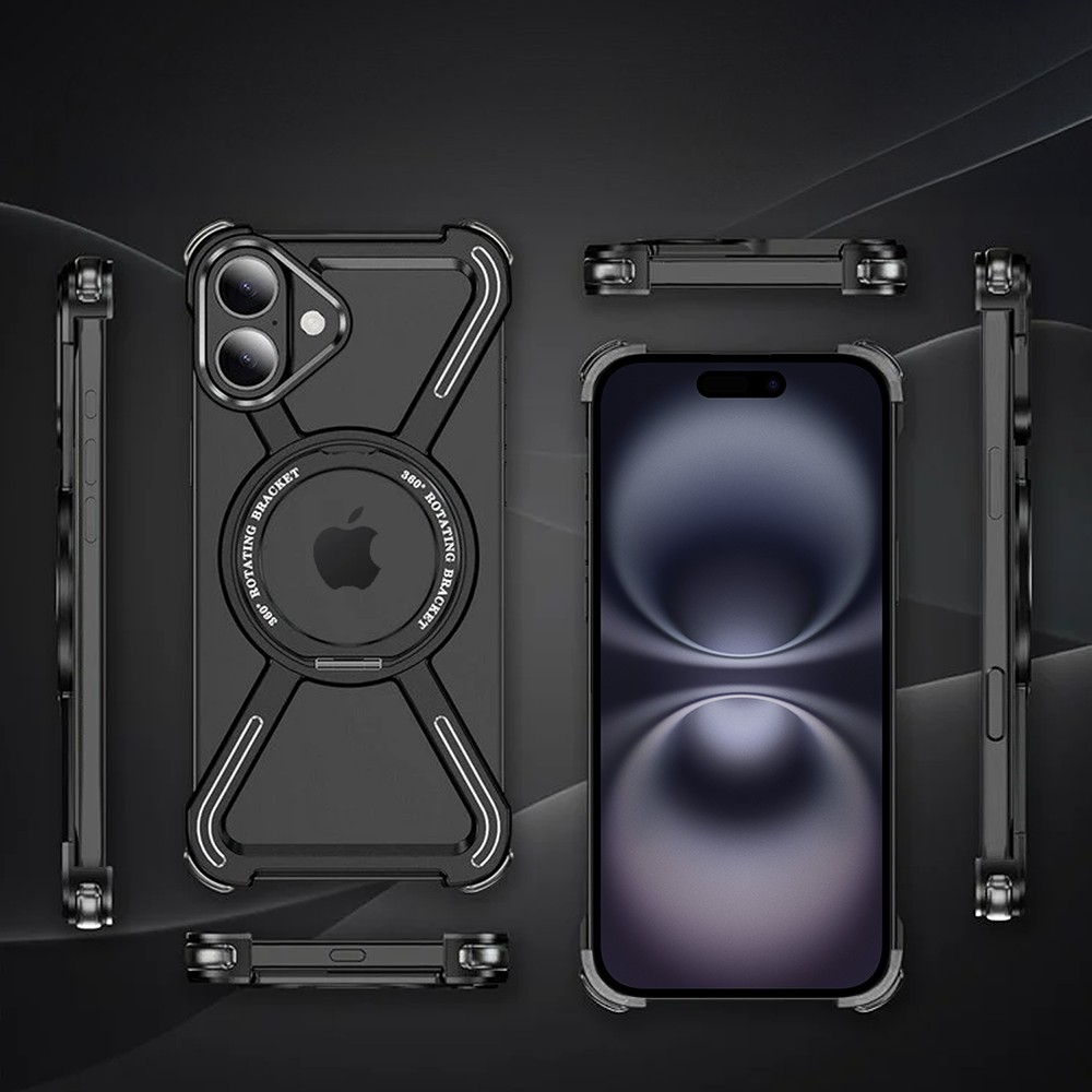 Etui do iPhone 16, Metal X-Shield metalowe, z widocznym logo i podstawką, czarne