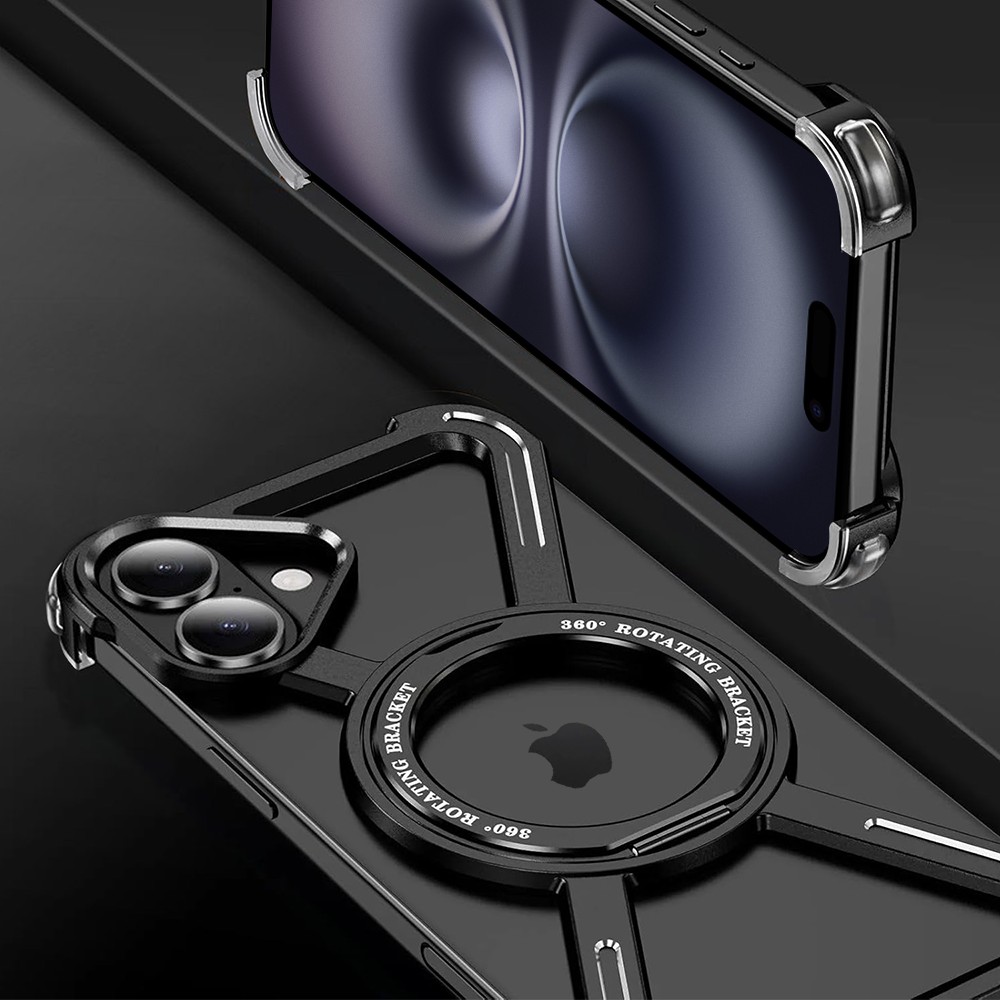 Etui do iPhone 16, Metal X-Shield metalowe, z widocznym logo i podstawką, czarne