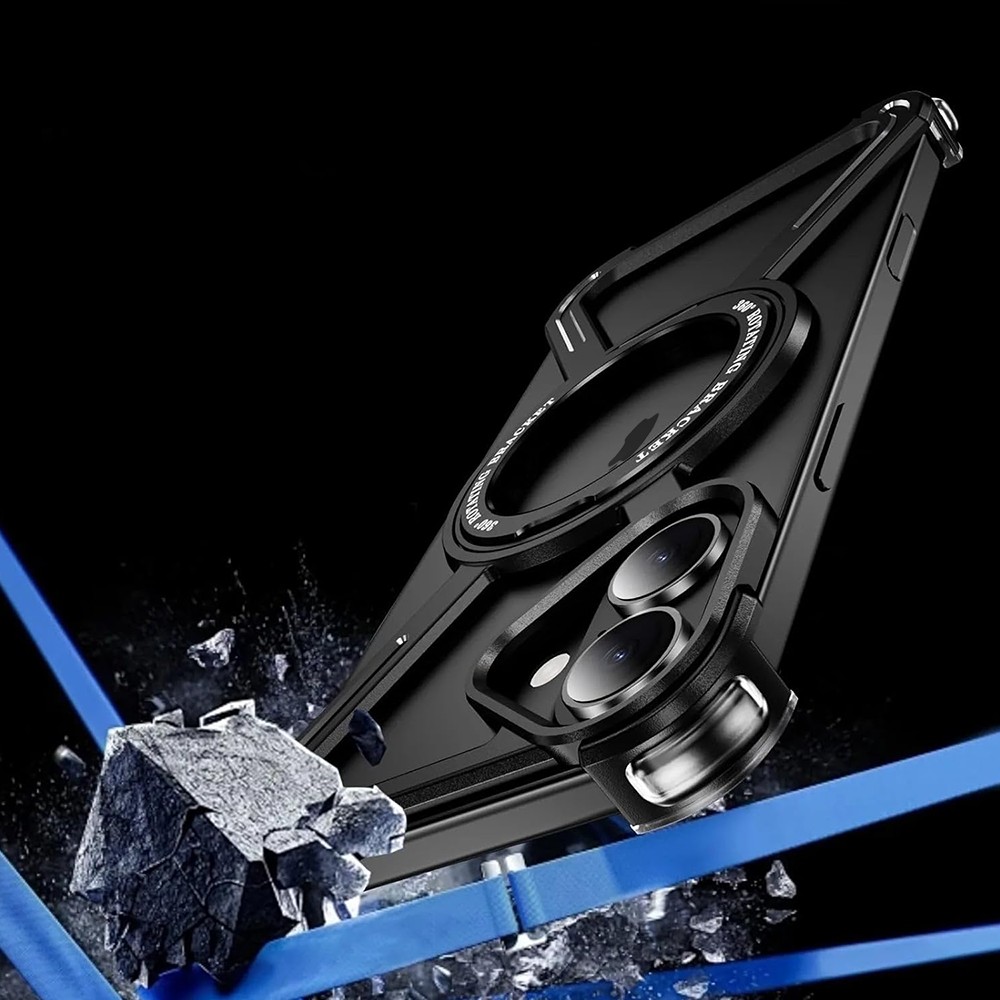 Etui do iPhone 16, Metal X-Shield metalowe, z widocznym logo i podstawką, czarne