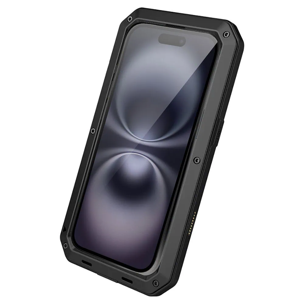 Etui do iPhone 16 Panzer Max, metalowa, skręcana, pancerna obudowa przód+tył, czarne