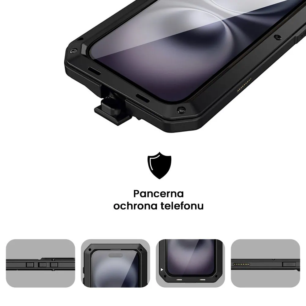 Etui do iPhone 16 Panzer Max, metalowa, skręcana, pancerna obudowa przód+tył, czarne