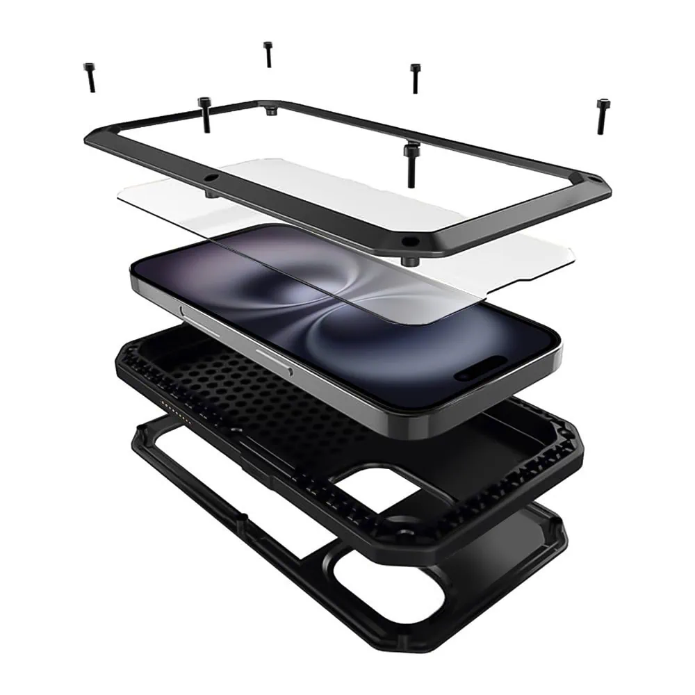 Etui do iPhone 16 Panzer Max, metalowa, skręcana, pancerna obudowa przód+tył, czarne