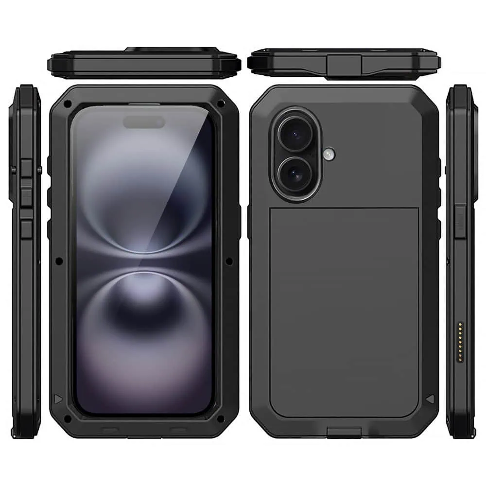 Etui do iPhone 16 Panzer Max, metalowa, skręcana, pancerna obudowa przód+tył, czarne
