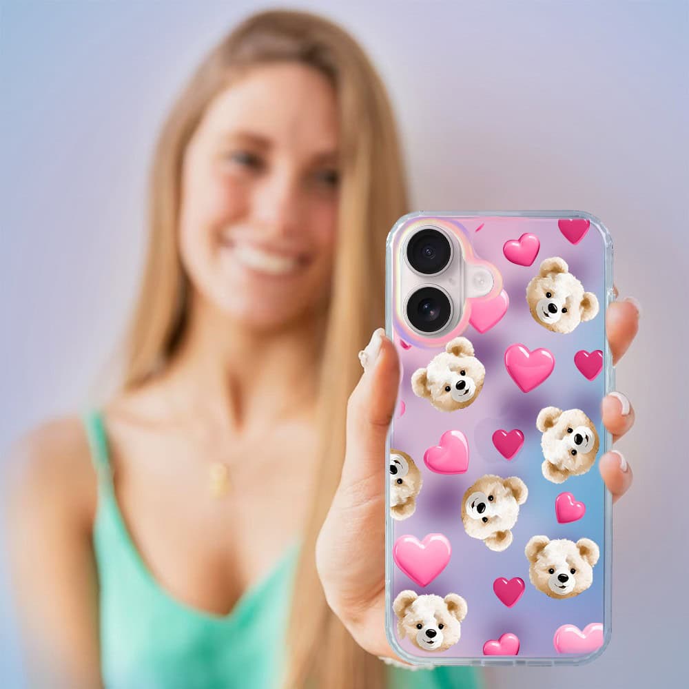 Etui do iPhone 16 Plus Bear With Me, Love Mood, miś i serduszka, zmieniające kolor