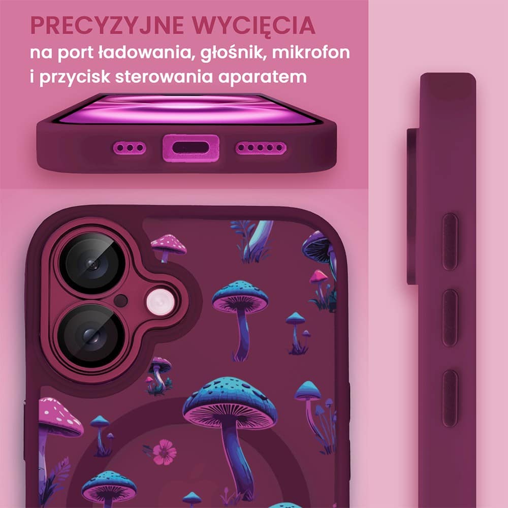 Etui do iPhone 16 Plus Color Flush z Magsafe, z osłoną aparatu, z nadrukiem magiczne grzybki, wiśniowe