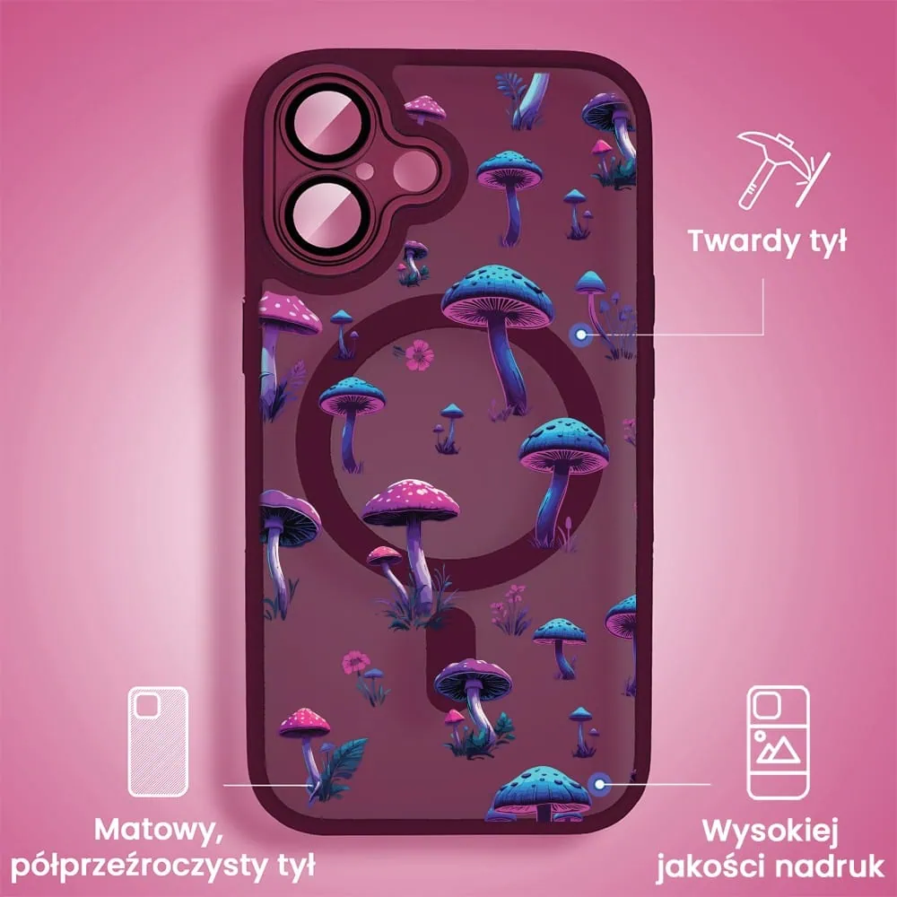 Etui do iPhone 16 Plus Color Flush z Magsafe, z osłoną aparatu, z nadrukiem magiczne grzybki, wiśniowe