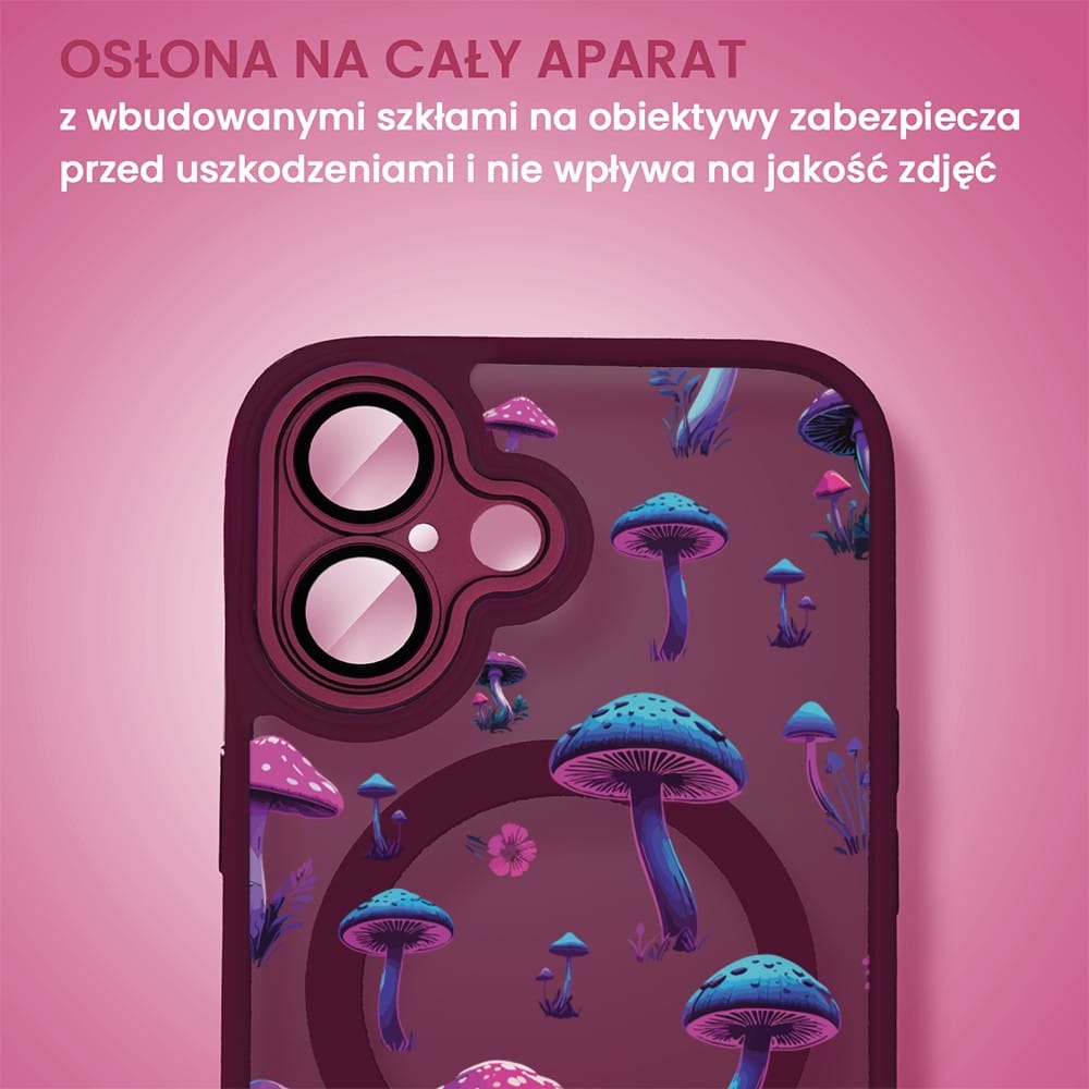 Etui do iPhone 16 Plus Color Flush z Magsafe, z osłoną aparatu, z nadrukiem magiczne grzybki, wiśniowe