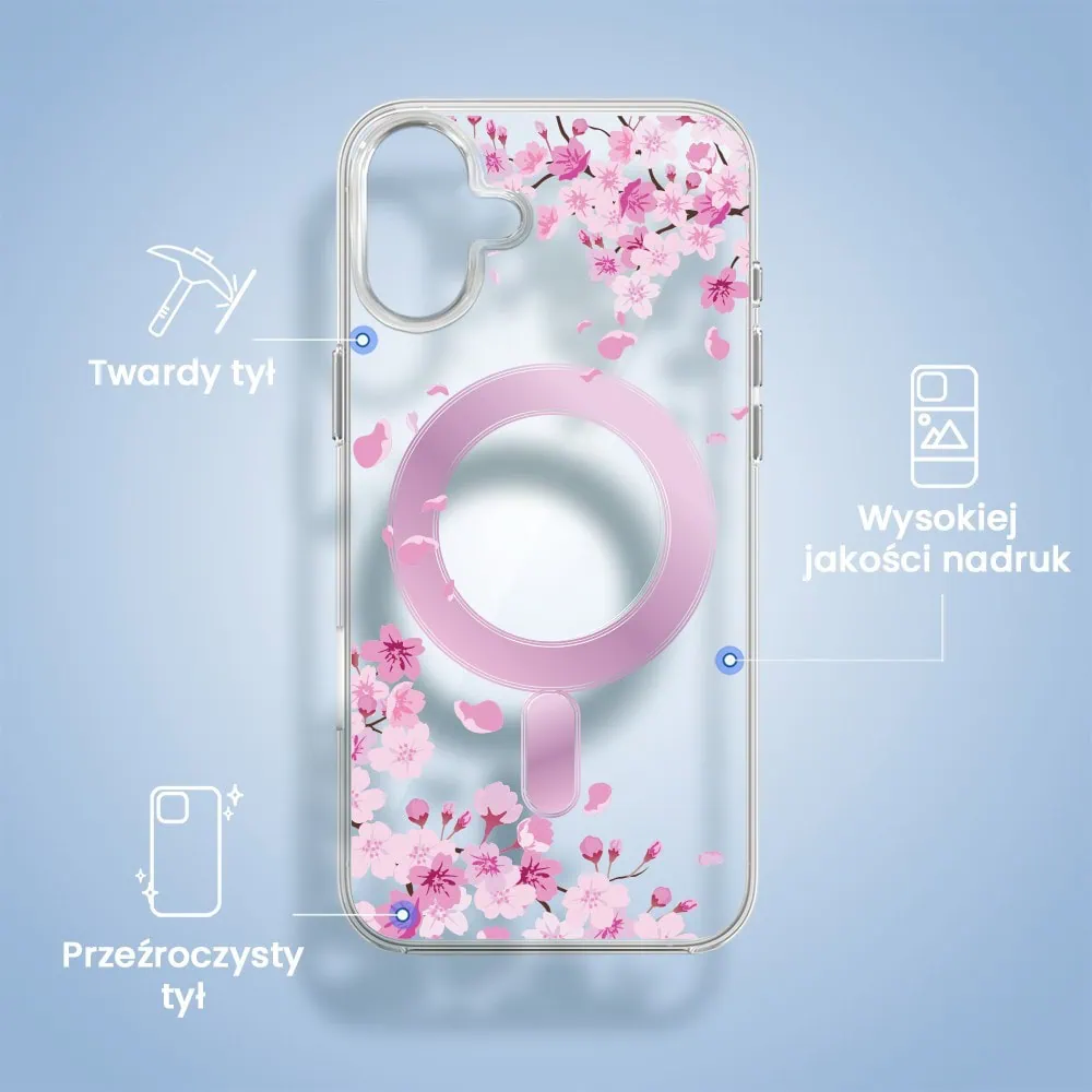 Etui do iPhone 16 Plus Flower MagSafe z nadrukiem kwiat wiśni, przeźroczyste