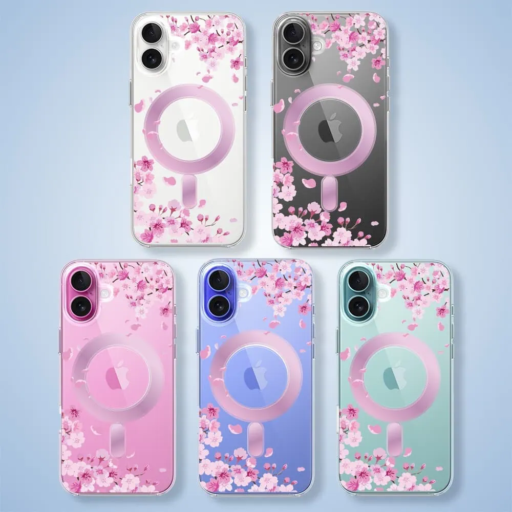 Etui do iPhone 16 Plus Flower MagSafe z nadrukiem kwiat wiśni, przeźroczyste