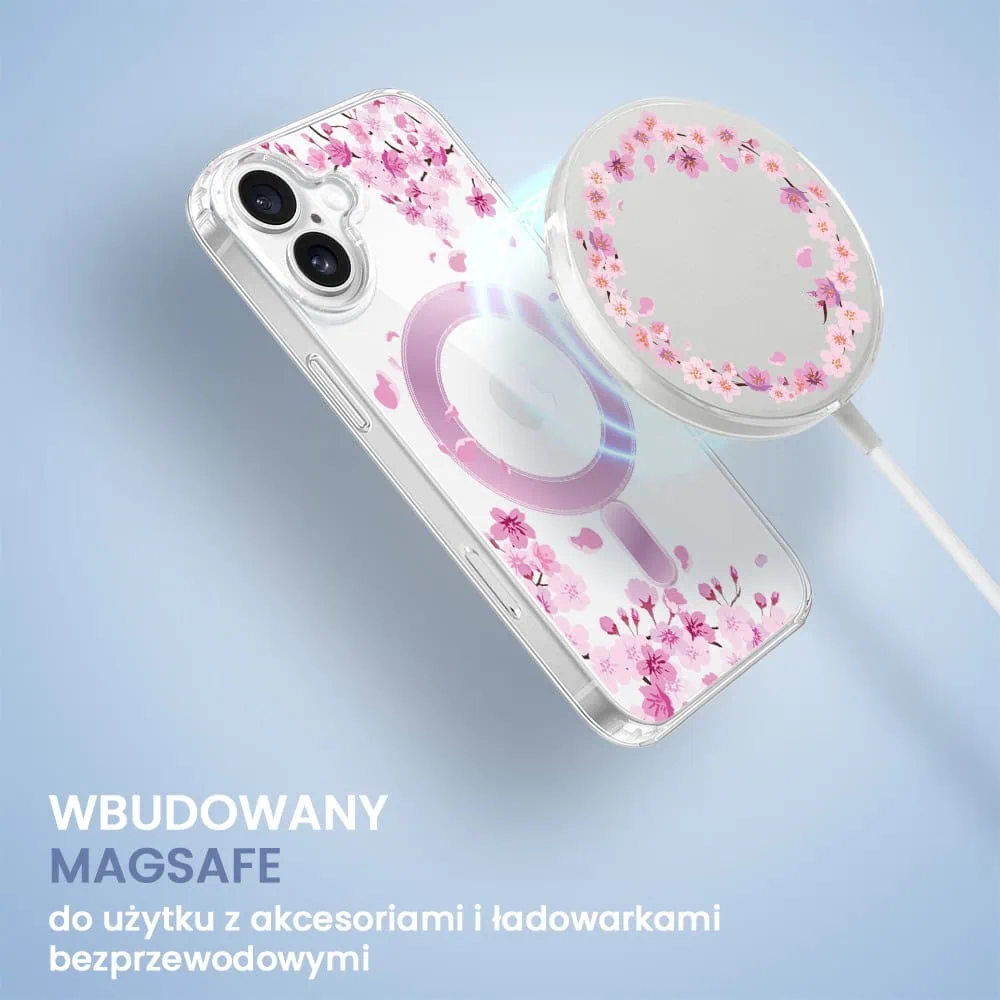 Etui do iPhone 16 Plus Flower MagSafe z nadrukiem kwiat wiśni, przeźroczyste