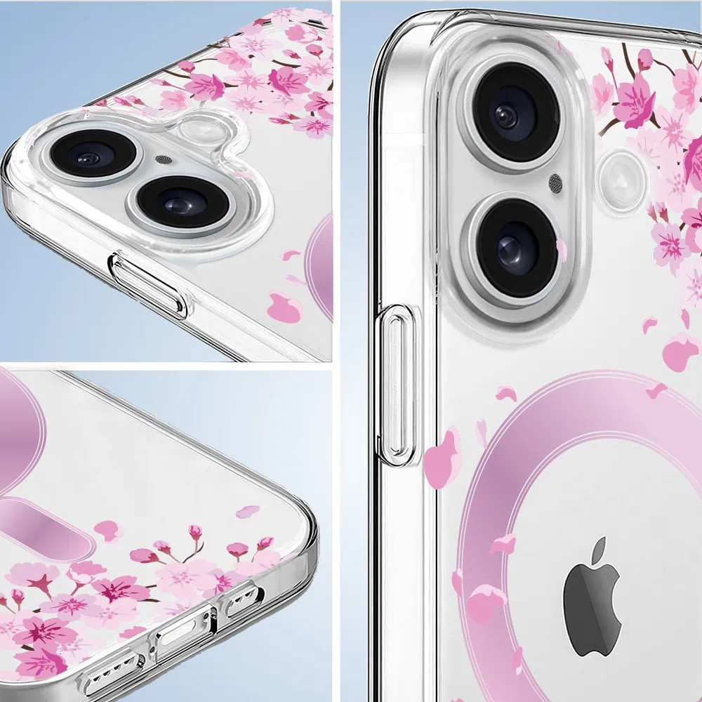 Etui do iPhone 16 Plus Flower MagSafe z nadrukiem kwiat wiśni, przeźroczyste