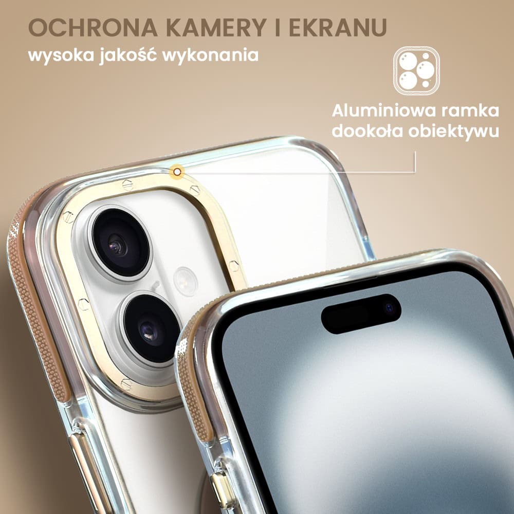 Etui do iPhone 16 Plus Gold Crown, cienkie z MagSafe, krystaliczny tył, złote akcenty, tytan pustynny