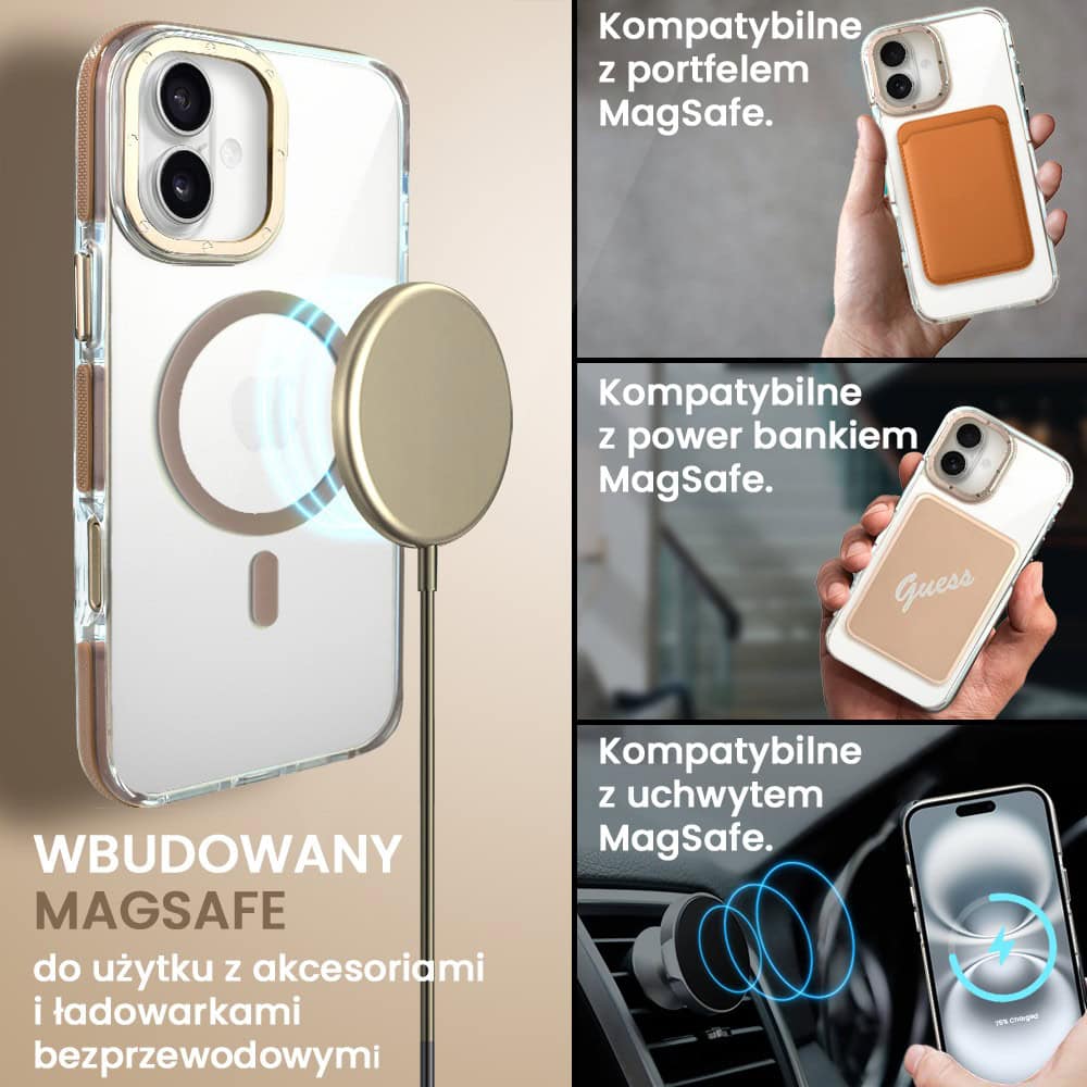 Etui do iPhone 16 Plus Gold Crown, cienkie z MagSafe, krystaliczny tył, złote akcenty, tytan pustynny
