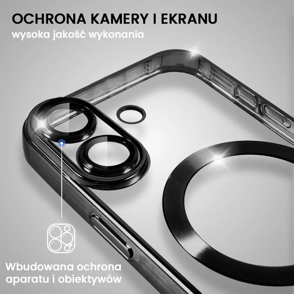 Etui do iPhone 16 MagSafe Luxury Protect przeźroczyste, hybrydowa ochrona kamery, czarne