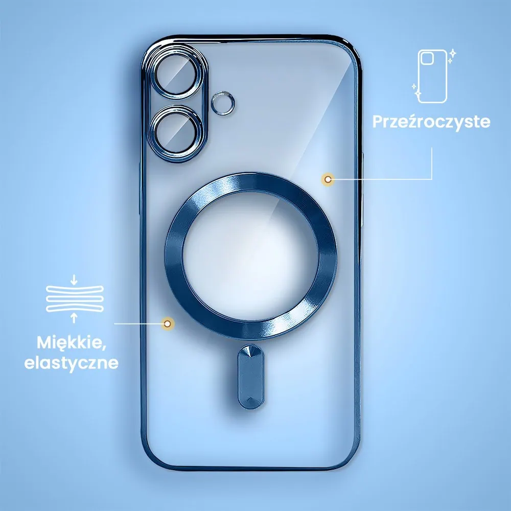 Etui do iPhone 16 MagSafe Luxury Protect przeźroczyste, hybrydowa ochrona kamery, głęboki niebieski