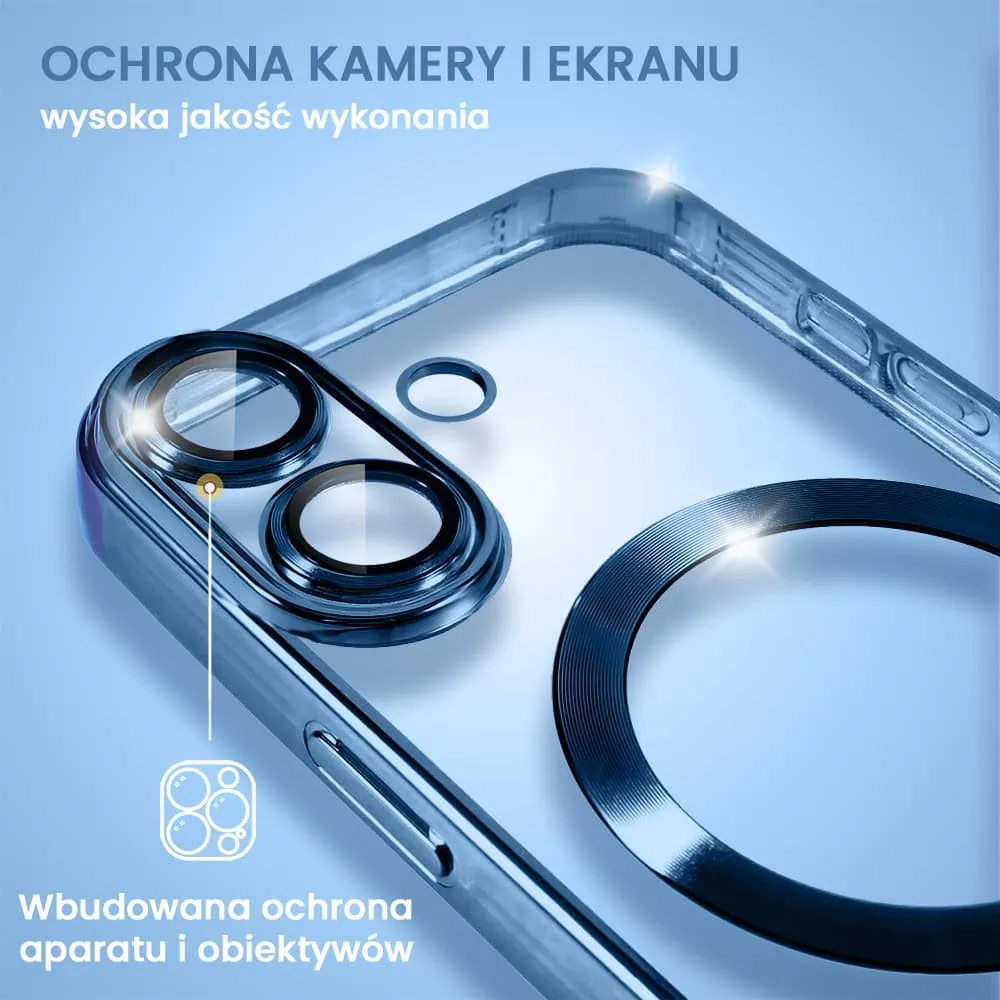 Etui do iPhone 16 MagSafe Luxury Protect przeźroczyste, hybrydowa ochrona kamery, głęboki niebieski