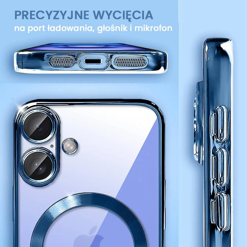 Etui do iPhone 16 MagSafe Luxury Protect przeźroczyste, hybrydowa ochrona kamery, głęboki niebieski