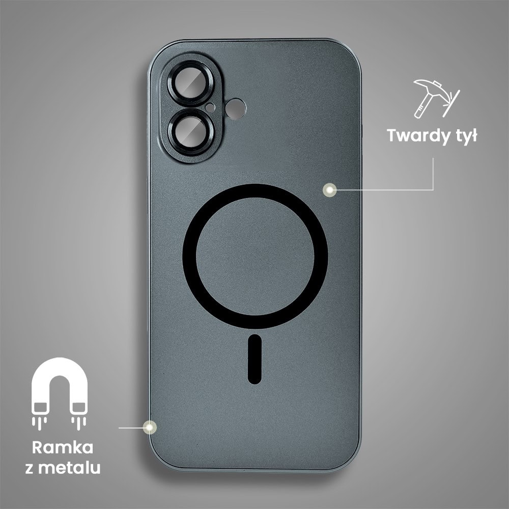 Etui do iPhone 16 Plus Metal Solid Magsafe, pełny tył z metalową ramką i osłoną aparatu, czarne