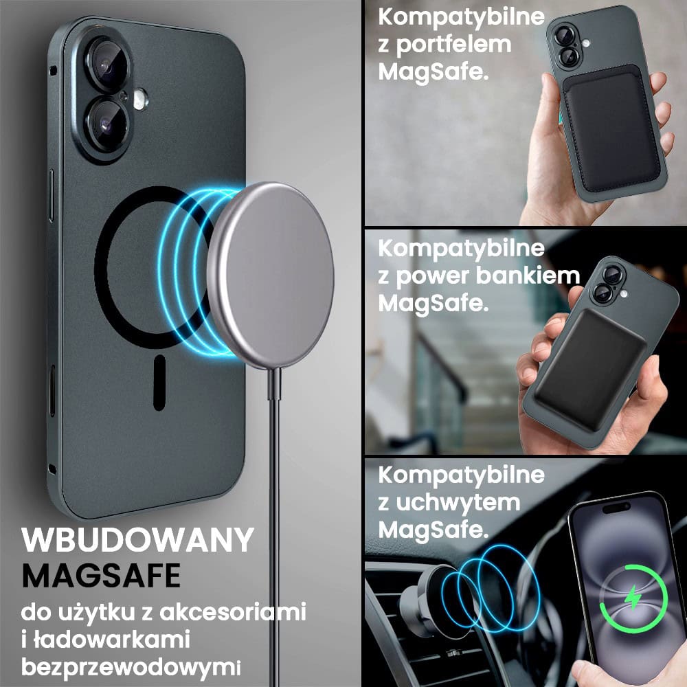 Etui do iPhone 16 Plus Metal Solid Magsafe, pełny tył z metalową ramką i osłoną aparatu, czarne