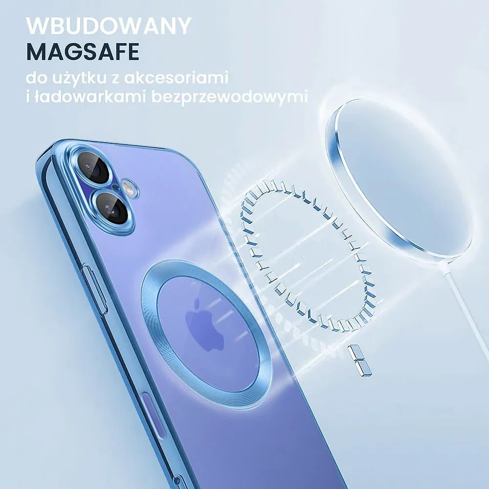 Etui do iPhone 16 Slim Protect Full Cover MagSafe Hard Back, twardy tył, przeźroczyste, górski niebieski