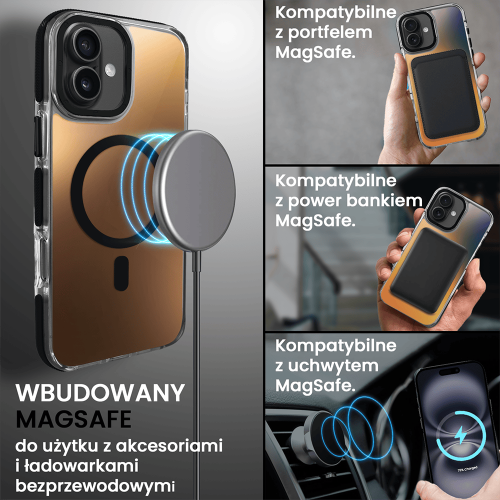 Etui do iPhone 16 Plus Sunrise Fusion Grip z MagSafe, nieślizgające, metalowa osłona, czarne