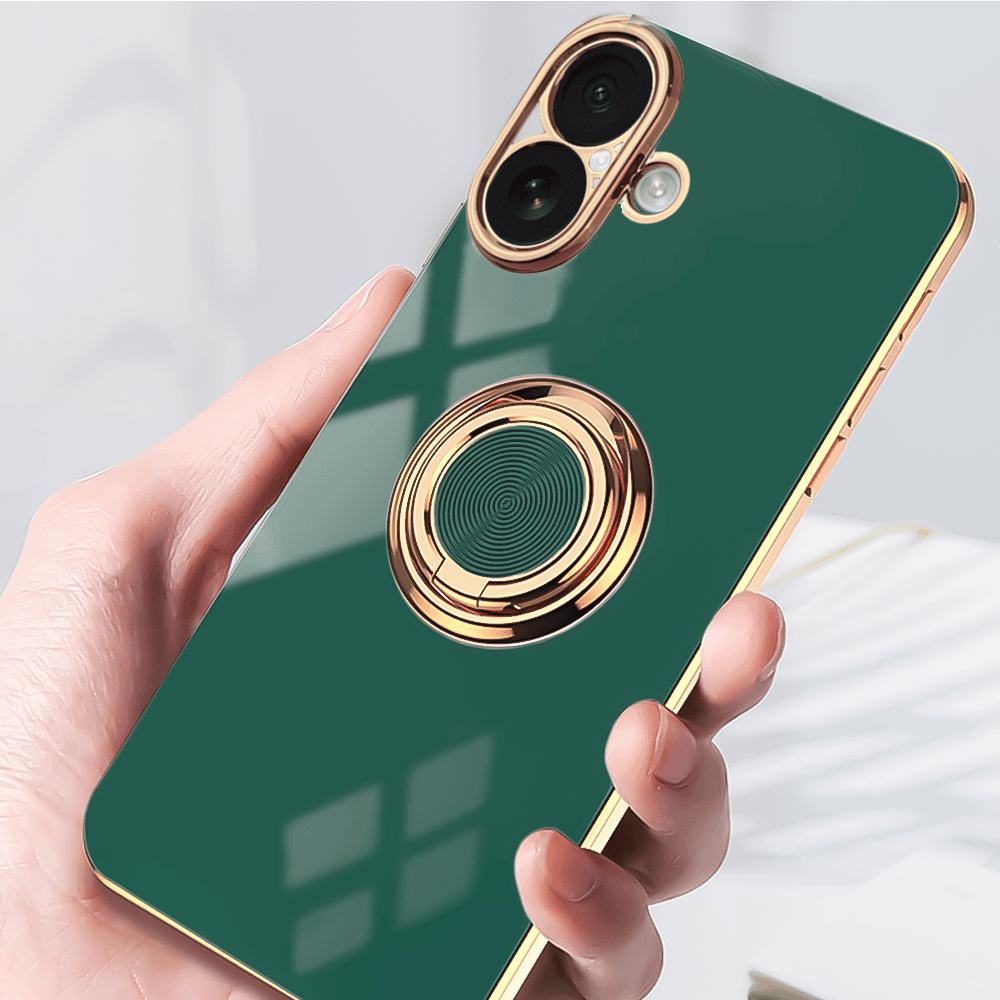 Etui do iPhone 16 eleganckie, ze złotym, metalowym uchwytem i zdobieniami, osłona na aparat, zielone (OUTLET)