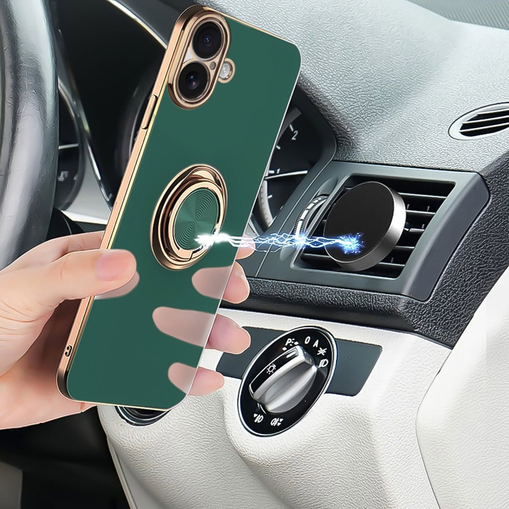 Etui do iPhone 16 eleganckie, ze złotym, metalowym uchwytem i zdobieniami, osłona na aparat, zielone (OUTLET)