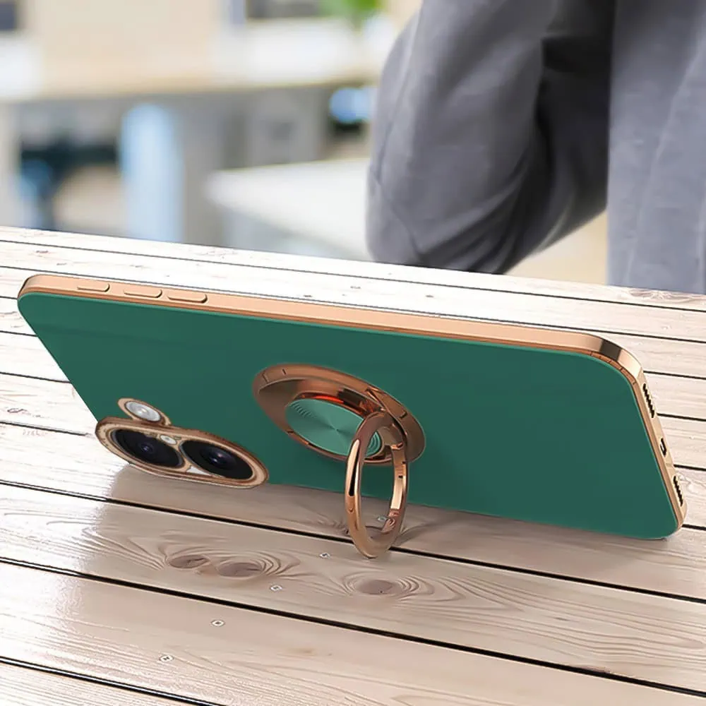 Etui do iPhone 16 eleganckie, ze złotym, metalowym uchwytem i zdobieniami, osłona na aparat, zielone (OUTLET)