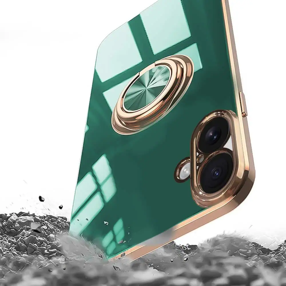 Etui do iPhone 16 eleganckie, ze złotym, metalowym uchwytem i zdobieniami, osłona na aparat, zielone (OUTLET)