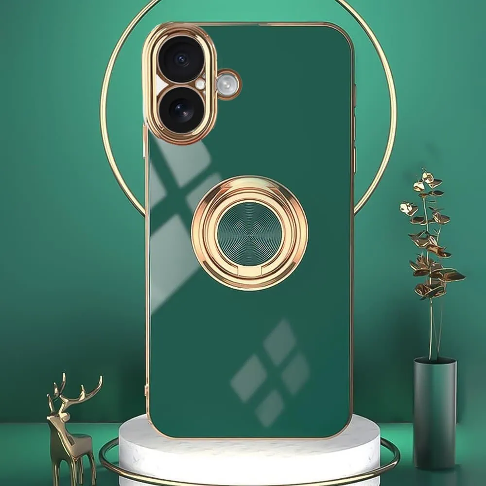 Etui do iPhone 16 eleganckie, ze złotym, metalowym uchwytem i zdobieniami, osłona na aparat, zielone (OUTLET)