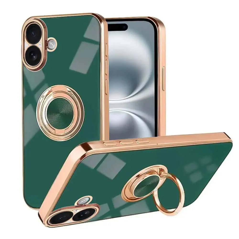 Etui do iPhone 16 eleganckie, ze złotym, metalowym uchwytem i zdobieniami, osłona na aparat, zielone (OUTLET)