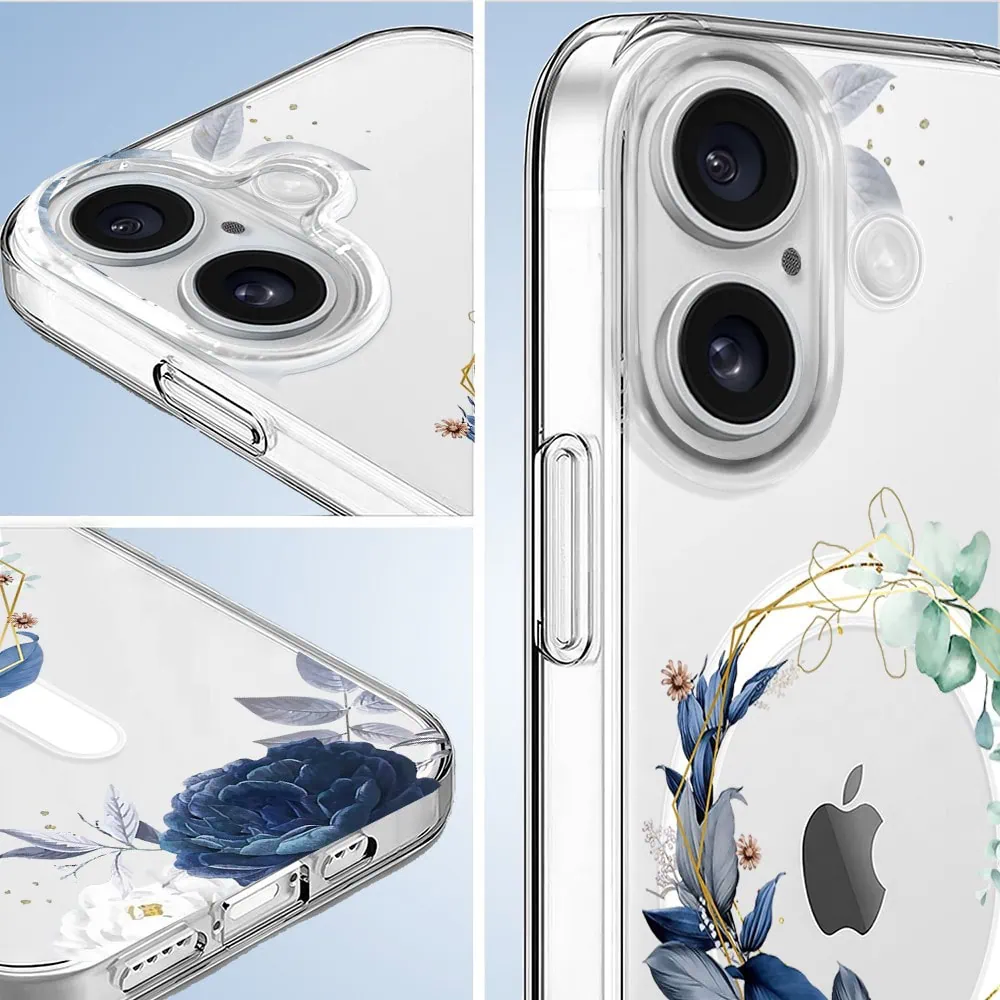 Etui do iPhone 16 Plus, Flower MagSafe, niebieskie kwiaty, przeźroczyste