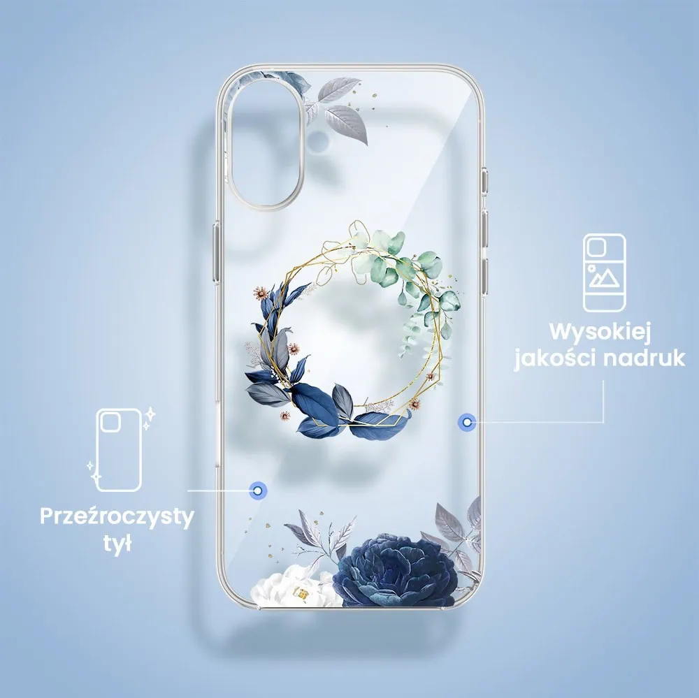 Etui do iPhone 16 Plus, Flower MagSafe, niebieskie kwiaty, przeźroczyste