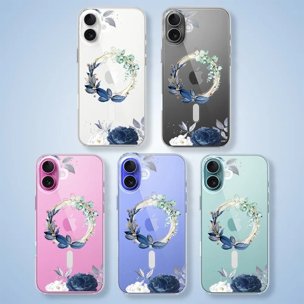 Etui do iPhone 16 Plus, Flower MagSafe, niebieskie kwiaty, przeźroczyste